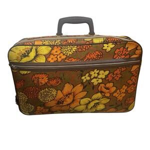 Vintage 1970s Bantam Floral Train Case Luggage Mod Orange Yellow Travel Bag